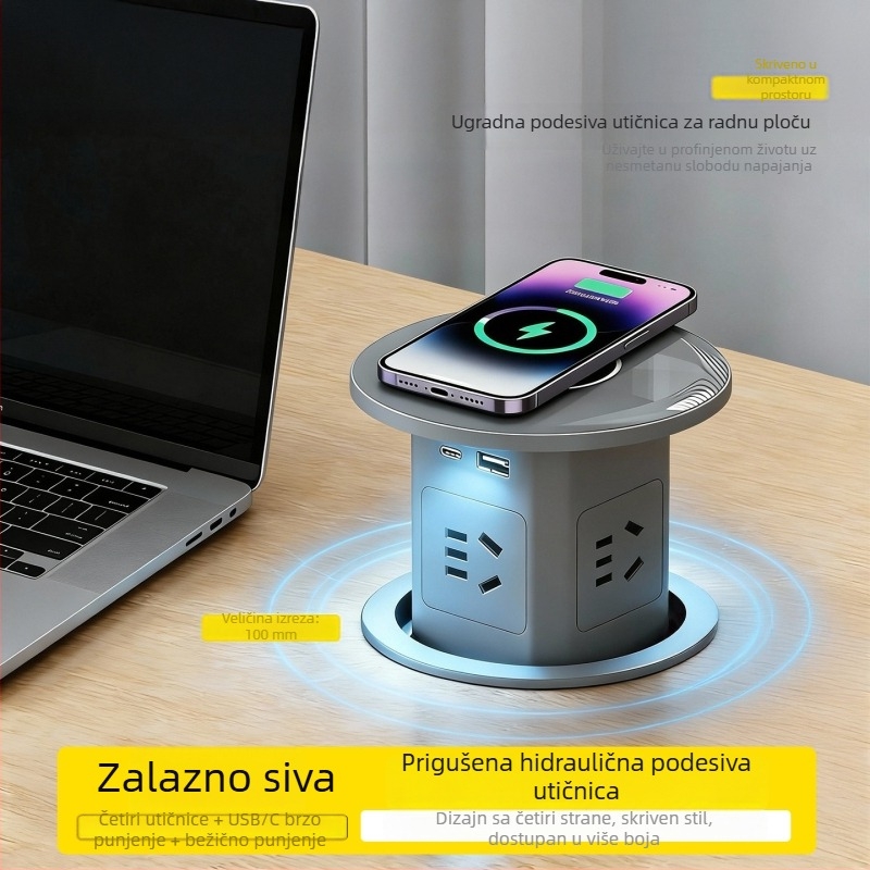 Bežična utičnica s brzim bežičnim punjenjem i hidrauličnim podizanjem, ugrađena u kuhinjski otok, automatska inteligentna produžna ploča, skrivena za kućnu upotrebu