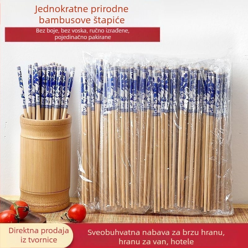 Jednokratne bambus štapići s plavim i bijelim dezenom, individualno pakirani, za kućnu upotrebu, dostavu i restorane