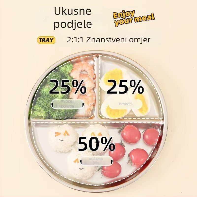 Dijeljeni tanjur od 304 nehrđajućeg čelika za školske kantine, dječji okrugli tanjur, pogodan za mikrovalnu pećnicu
