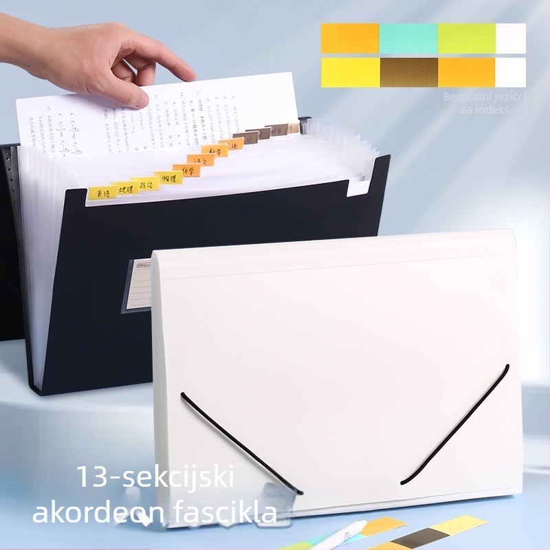 Crno-bijeli minimalistički A4 akordeonski folder za učenike, čvrsta torba za pohranu, više slojeva, velik kapacitet za ispite