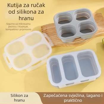Silikonska kutija za ručak s četiri odjeljka, sklopiva, pogodna za kampiranje i piknik, čuva hranu svježu i otporna na visoke temperature