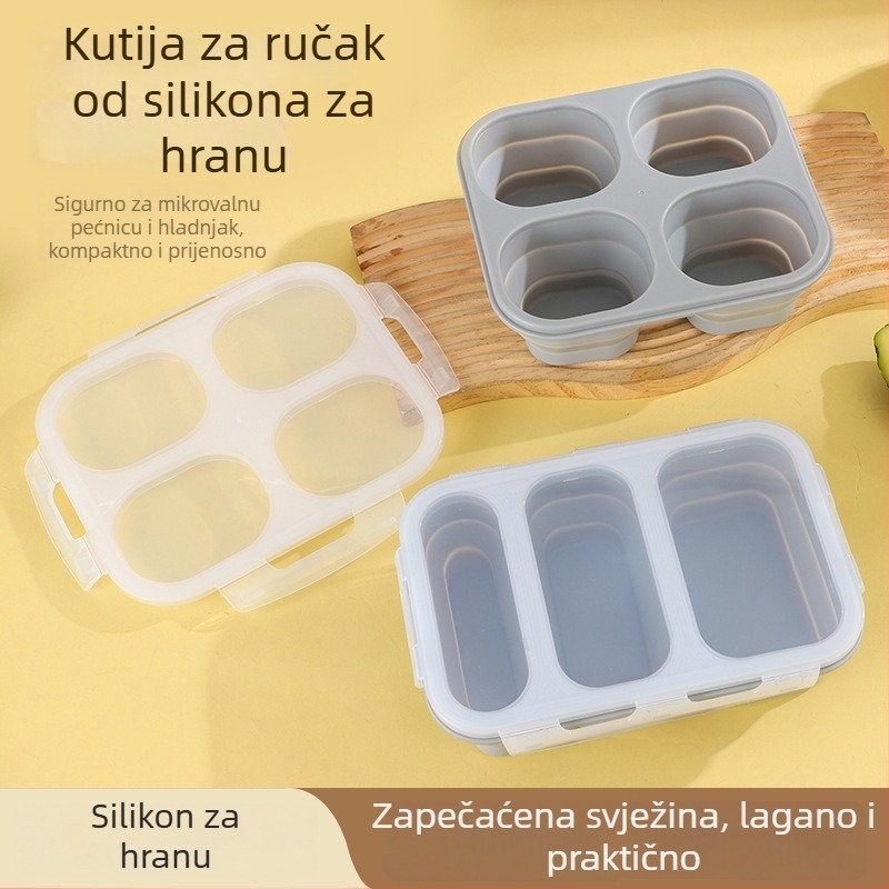 Silikonska kutija za ručak s četiri odjeljka, sklopiva, pogodna za kampiranje i piknik, čuva hranu svježu i otporna na visoke temperature