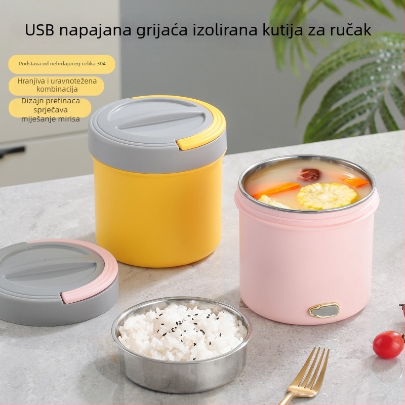 Kutija za ručak od 304 nehrđajućeg čelika s izolacijom, električno grijanje, prijenosna, USB napajanje, za uredske radnike i studente