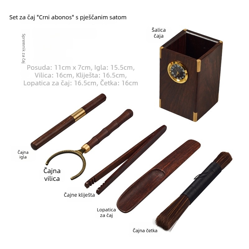 Set Six Gentlemen za čajnu ceremoniju od ebony drveta – žličica za čaj, čajni klips, nož za čaj, vilica za šalice i čajni spremnik