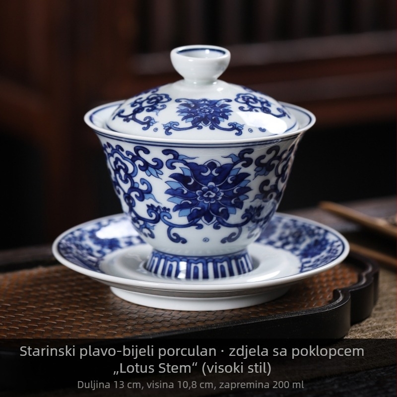Antička plavo-bijela porculanska čajna zdjela s poklopcem, trodijelna, velika, retro stil, motiv uvijenog lotosa.