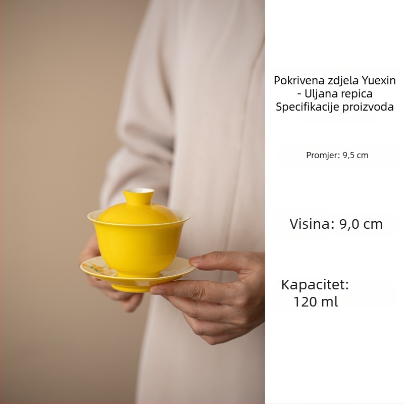 Gaiwan ručno oslikan cvjetovima repice, keramički čajni set, jarko žuta, moderan minimalistički stil, trodjelni
