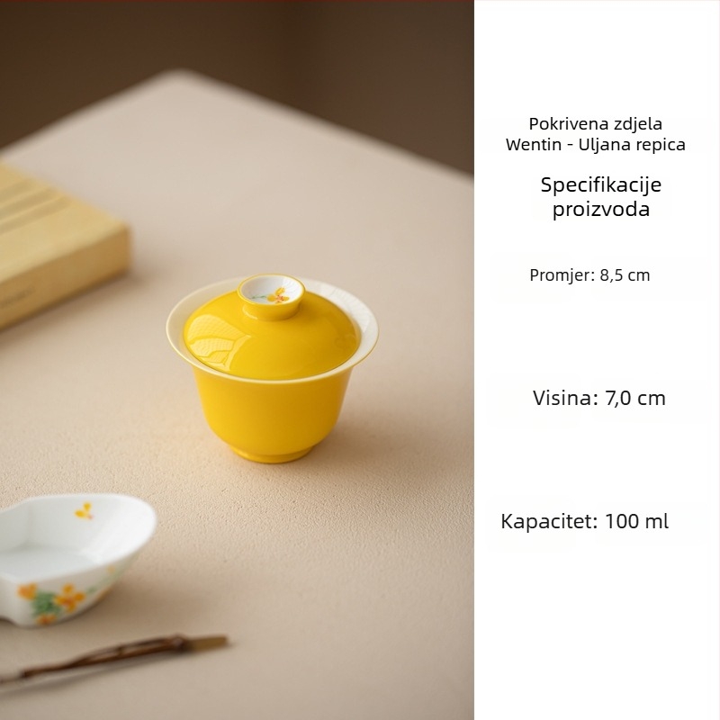 Gaiwan ručno oslikan cvjetovima repice, keramički čajni set, jarko žuta, moderan minimalistički stil, trodjelni