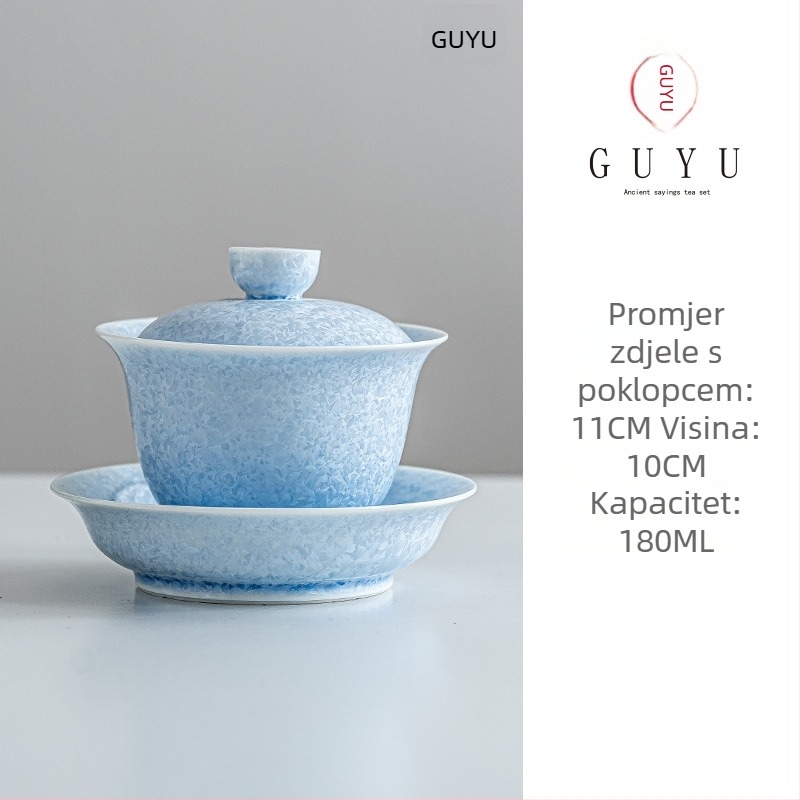 Set čaja s poklopcem od keramike, glazura sancai u ledeno plavoj boji, velika kapaciteta, vrhunska kvaliteta