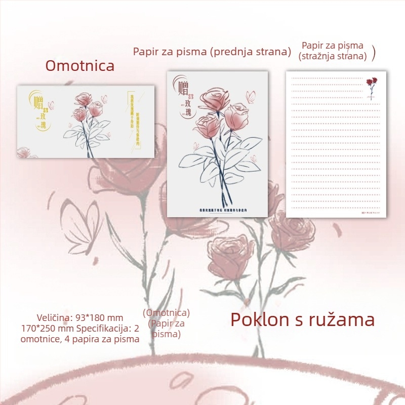 Set omotnica i pisaćeg papira s motivom ruže – ručno pisane ljubavne poruke