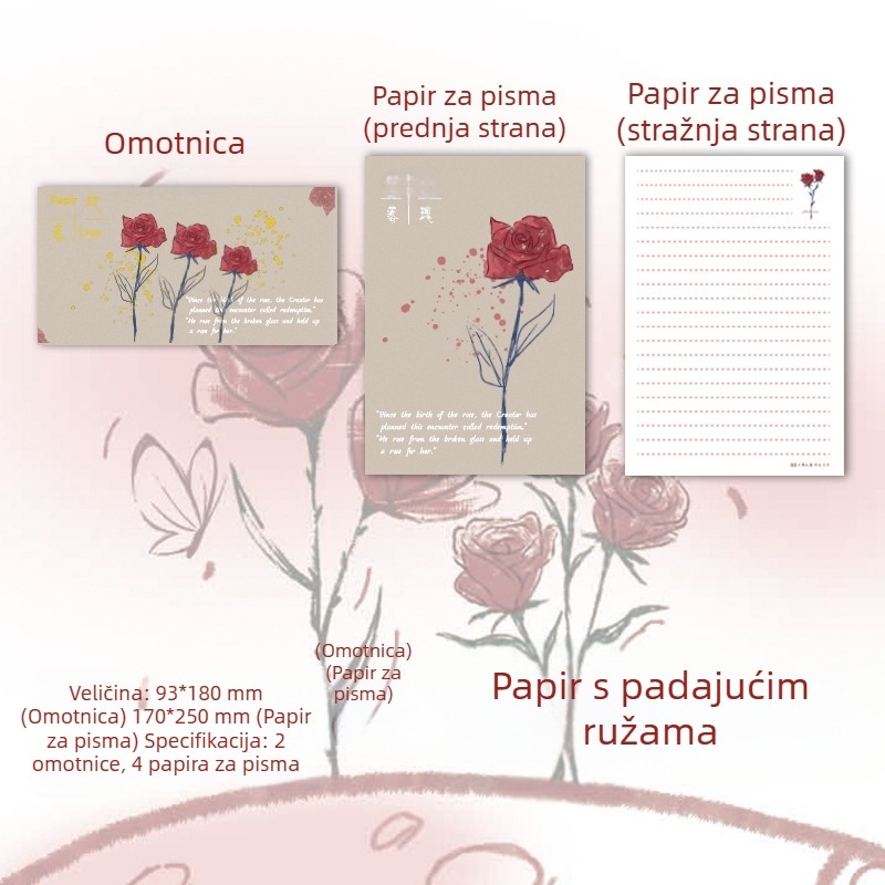 Set omotnica i pisaćeg papira s motivom ruže – ručno pisane ljubavne poruke