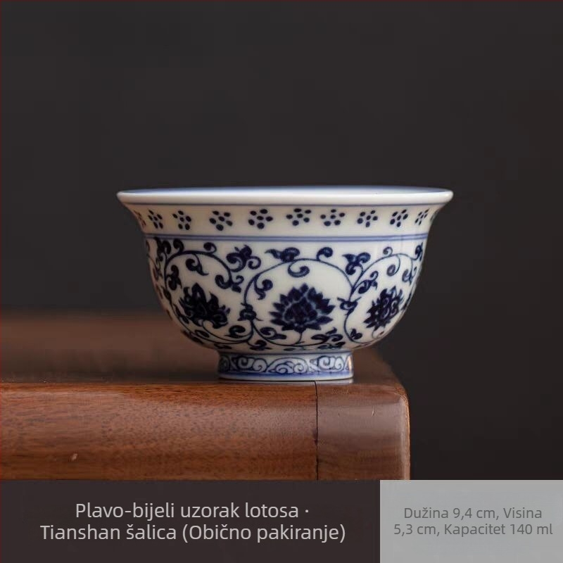 Ručna plavo-bijela porculanska šalica za čaj s motivom lotosove vinove loze, retro stil, pojedinačna šalica