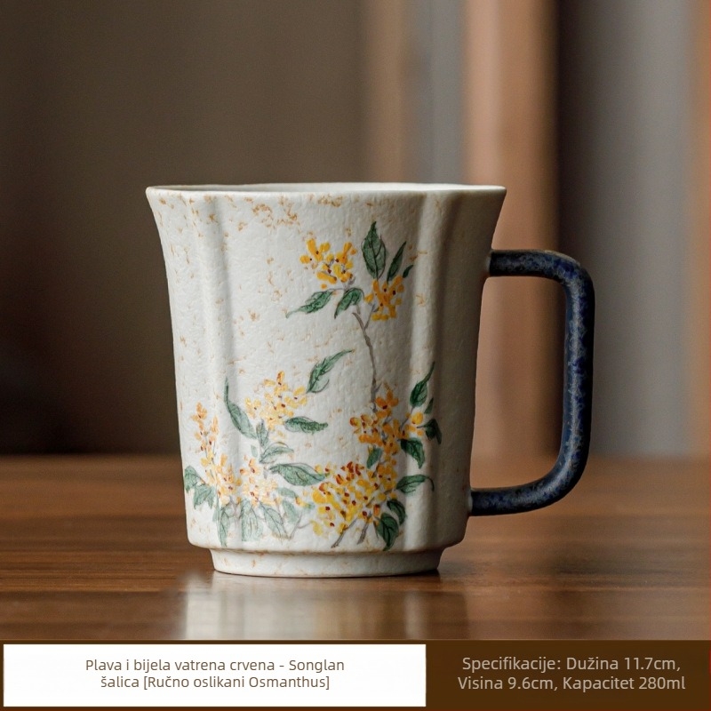 Porcelanska šalica plavo-bijelog dizajna s crvenim ručno oslikanim Osmanthus motivom, keramička šalica za kućnu upotrebu, čaj ili kava