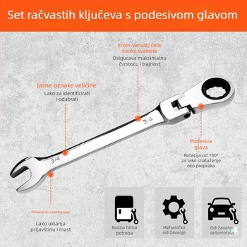 Dvostrano upotrebljivi ratchet ključ, engleske veličine, fiksni ratchet, poliran krom-vanadijski čelik