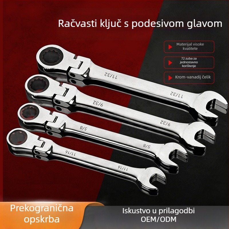 Dvostrano upotrebljivi ratchet ključ, engleske veličine, fiksni ratchet, poliran krom-vanadijski čelik
