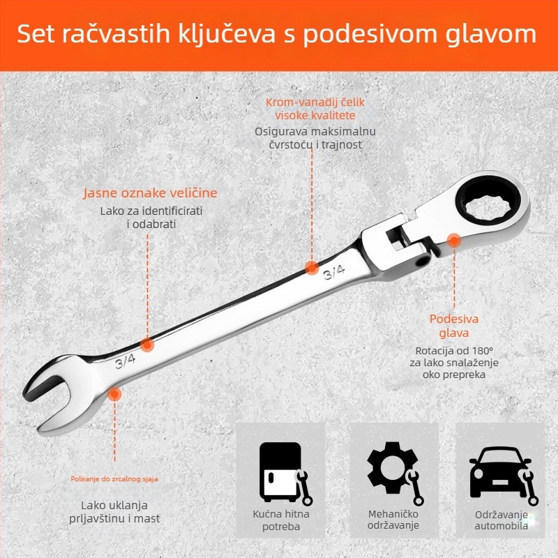 Dvostrano upotrebljivi ratchet ključ, engleske veličine, fiksni ratchet, poliran krom-vanadijski čelik