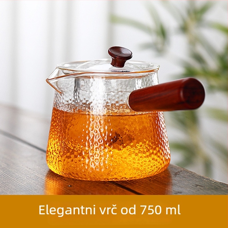 Stakleni čajnik s drškom od drveta, otporan na visoke temperature, set za cvjetni čaj s filtrima