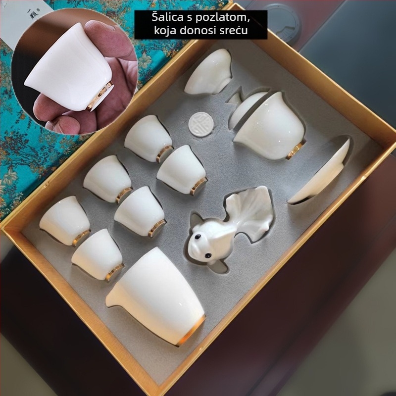 Kung Fu tea set od Dehua porculana s pozlaćenim ukrasom, kineskog stila, čajnik i šalica s poklopcem, Godina obilja – Poslovni dar