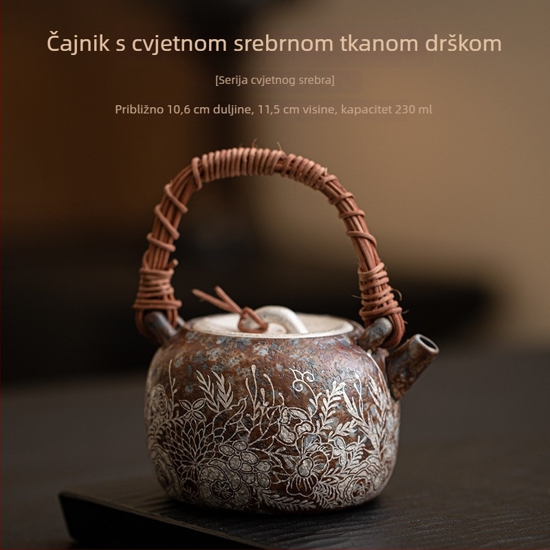 Vintage čajnik od kamenog gline s cvjetnim uzorkom i srebrnim premazom, drška od ratana, retro luksuz za kućnu uporabu, Gongfu čajni set, samo jedan čajnik