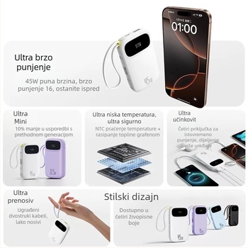 Baseus PD45W power banka 10000 mAh, kompaktna i prijenosna s ugrađenim kabelom, brzo punjenje, poklon s logom