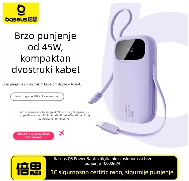 Baseus PD45W power banka 10000 mAh, kompaktna i prijenosna s ugrađenim kabelom, brzo punjenje, poklon s logom