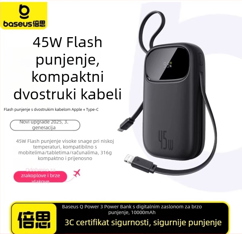 Baseus PD45W power banka 10000 mAh, kompaktna i prijenosna s ugrađenim kabelom, brzo punjenje, poklon s logom