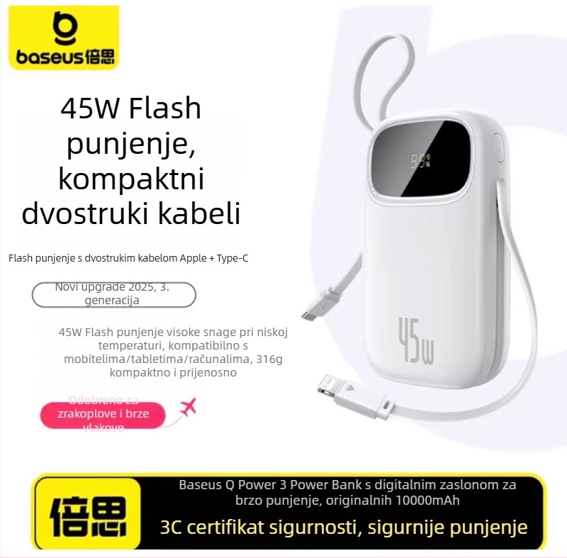 Baseus PD45W power banka 10000 mAh, kompaktna i prijenosna s ugrađenim kabelom, brzo punjenje, poklon s logom