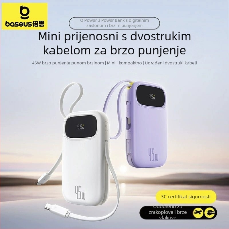 Baseus PD45W power banka 10000 mAh, kompaktna i prijenosna s ugrađenim kabelom, brzo punjenje, poklon s logom