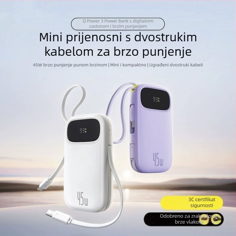 Baseus PD45W power banka 10000 mAh, kompaktna i prijenosna s ugrađenim kabelom, brzo punjenje, poklon s logom