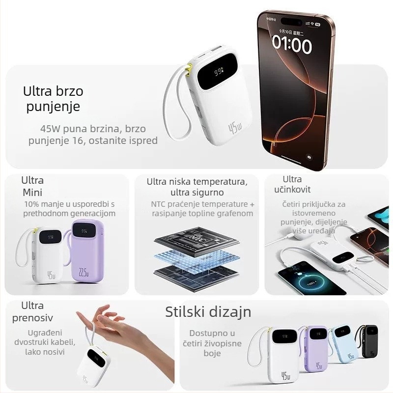 Baseus PD45W power banka 10000 mAh, kompaktna i prijenosna s ugrađenim kabelom, brzo punjenje, poklon s logom
