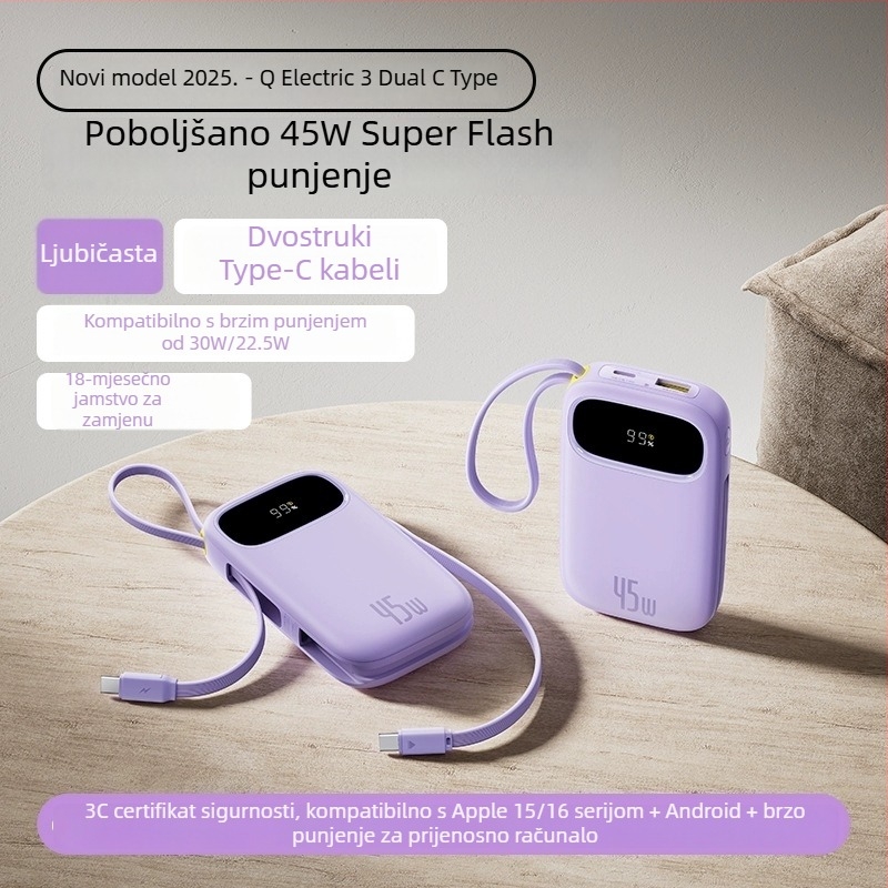 Baseus PD45W power banka 10000 mAh, kompaktna i prijenosna s ugrađenim kabelom, brzo punjenje, poklon s logom