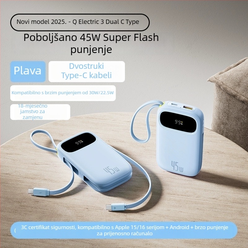 Baseus PD45W power banka 10000 mAh, kompaktna i prijenosna s ugrađenim kabelom, brzo punjenje, poklon s logom