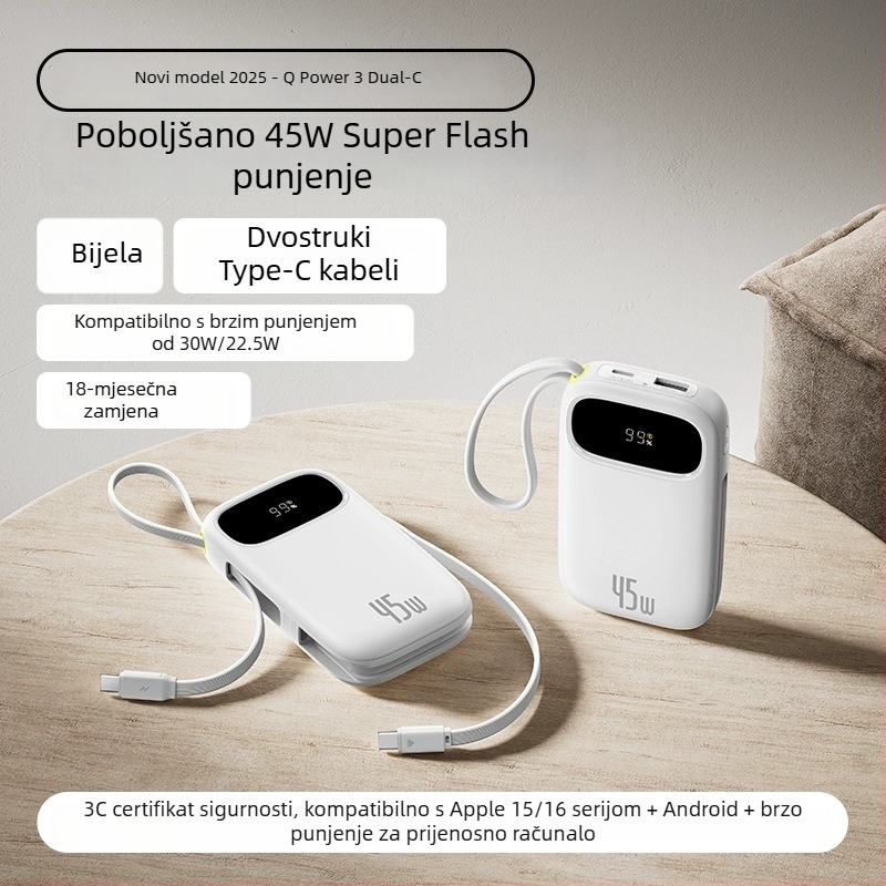 Baseus PD45W power banka 10000 mAh, kompaktna i prijenosna s ugrađenim kabelom, brzo punjenje, poklon s logom