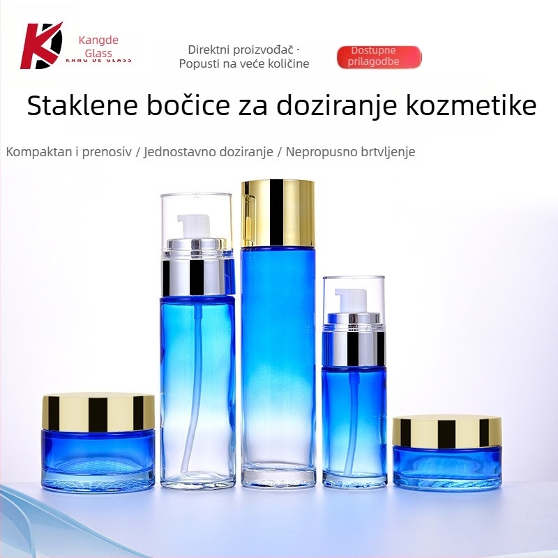 Gradijentna staklena bočica kozmetike s tlačnom pumpom za losion, masku za lice i kremu za oči; dostupne veličine 50g/30g/100ml/40ml/120ml, s pumpom i kapom