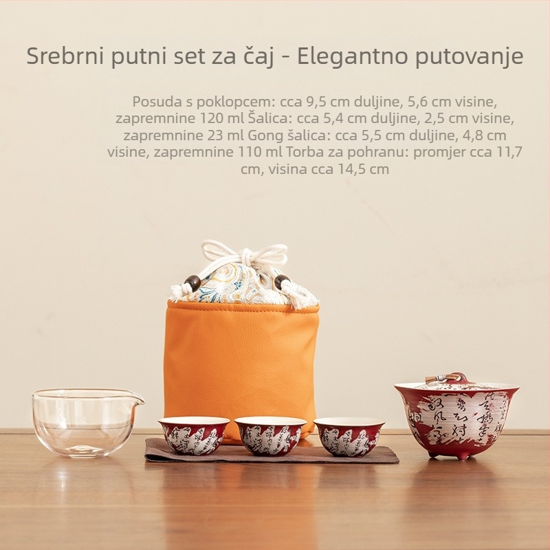 Keramički čajni set sa srebrnim premazom, s jednom zdjelom i tri šalice, prenosiv za kućnu upotrebu i kampiranje.