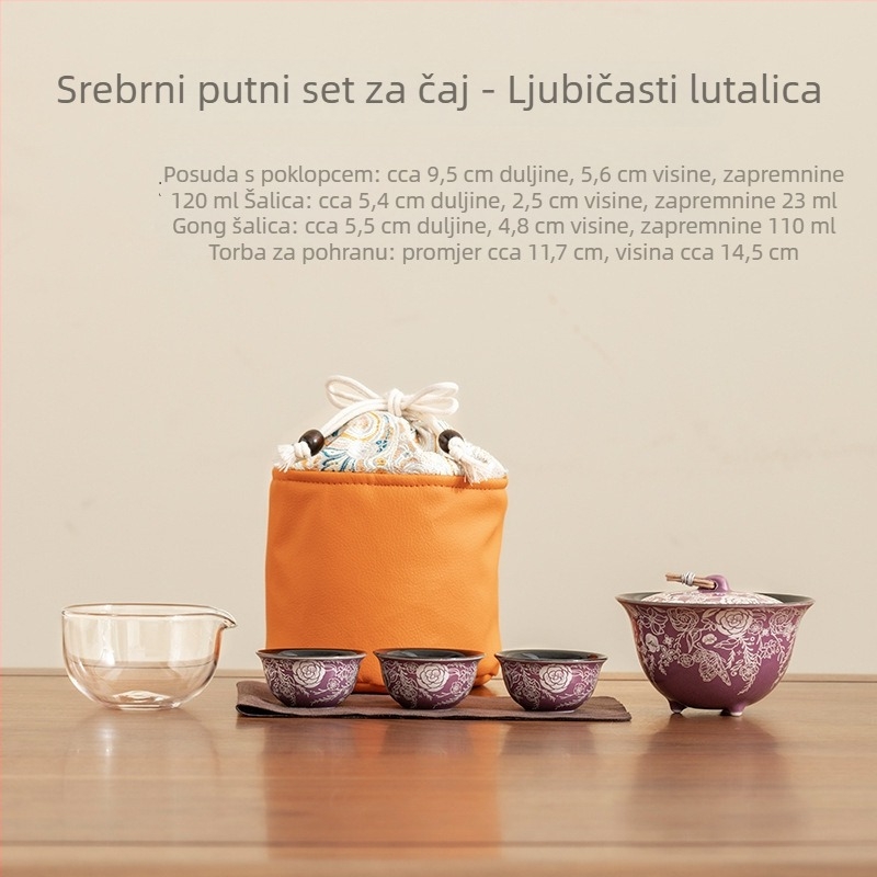 Keramički čajni set sa srebrnim premazom, s jednom zdjelom i tri šalice, prenosiv za kućnu upotrebu i kampiranje.
