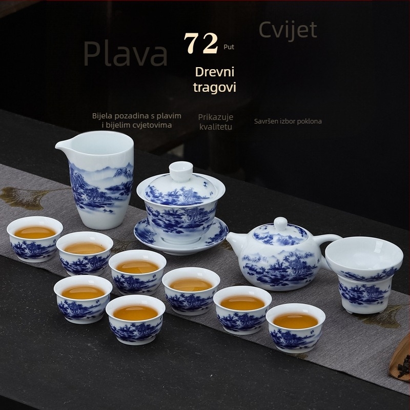 Vintage plavo‑bijeli porculanski čajni set u kutiji za darove sa čajnikom, poklopom i šalicama; prilagodljiv logotip