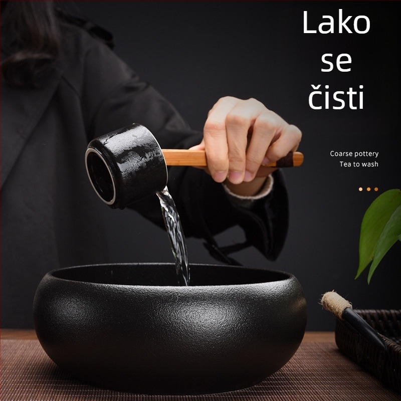 Crni keramički čajni set s tin inlayom, za moderno kućno korištenje; uključuje šalicu za čaj, posudu za četkice, bazen za vodu i veliki sud za talog čaja.