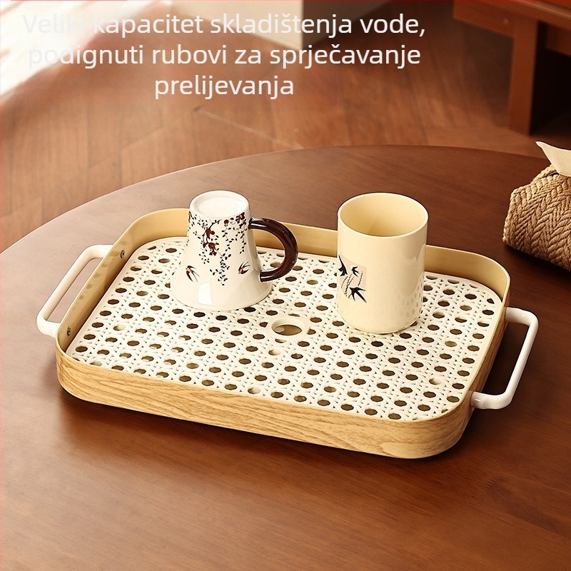 Pravokutni čajni pladanj s dvije ručke i ugrađenim sustavom odvodnje, boja orah