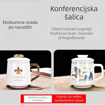 Keramički set čajnih šalica, bijeli, s filtrom i zlatnim obrubom, za hotele i urede