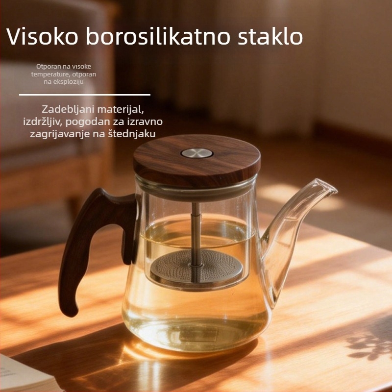 Čajnik od borosilikatnog stakla s drvenom drškom, otporan na toplinu, za kućnu upotrebu, s odjeljivanjem čaja i vode, čajnik za cvjetni čaj
