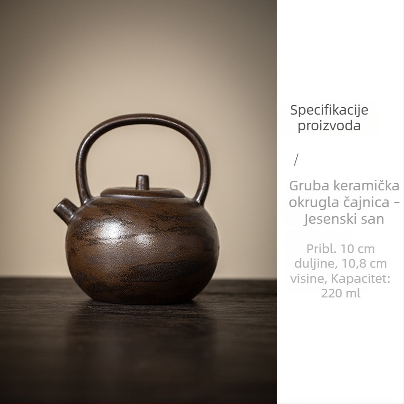 Ručni keramički čajnik s retro dizajnom punog mjeseca i podignutom ručkom, japanski minimalistički stil, praškasta glazura, za kućnu pripremu Gongfu čaja, jedan čajnik.