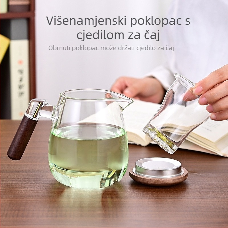 Staklena čajnik s filtrom, visokotemperaturna borosilikatna stakla, bočna ručka od orahovog drveta