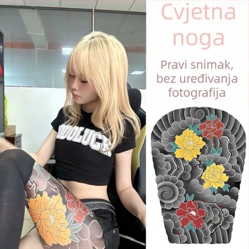 Staro tradicionalno tetovažno naljepnica za nogu s cvijećem – vodootporna, otporna na habanje, 3–5 dana, unisex, japanski stil: zmaj i božur