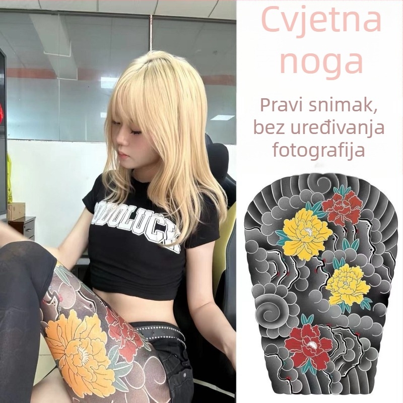 Staro tradicionalno tetovažno naljepnica za nogu s cvijećem – vodootporna, otporna na habanje, 3–5 dana, unisex, japanski stil: zmaj i božur