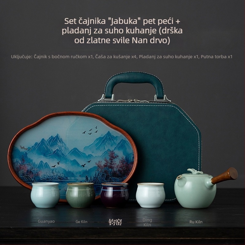 Ru Kiln Gongfu čajni set – 1 čajnik i 4 šalice, prijenosni putni čajni set, keramički set, poklon kutija