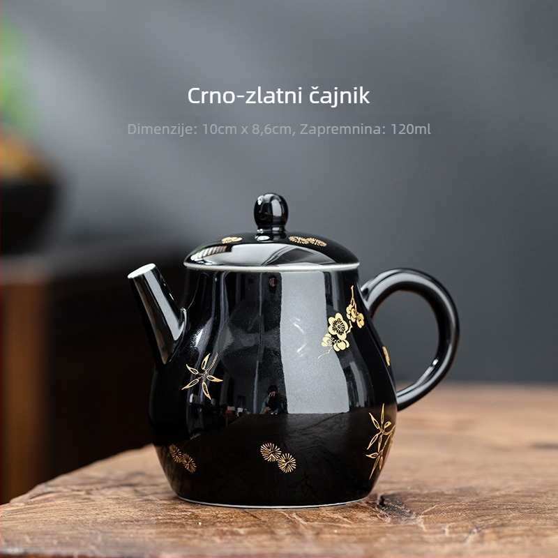 Celadon keramički čajni set s crnom glazurom i zlatnim motivom cvijeta šljive; uključuje čajnik s poklopcem, zdjelu za čaj i šalice