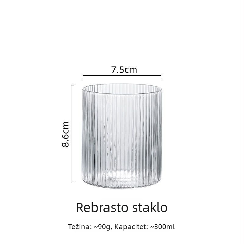 Minimalistička staklena čaša s vertikalnim crtama za kavu, mliječni čaj i latte; tanko dno; visoko borosilikatno staklo; japanski stil.
