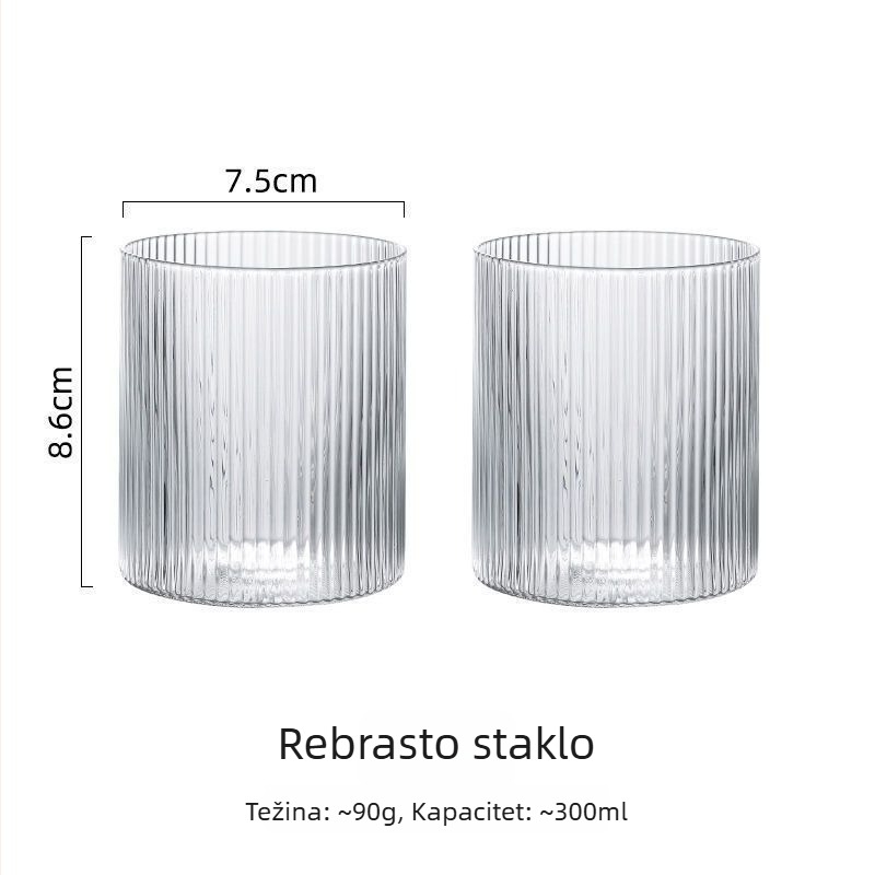 Minimalistička staklena čaša s vertikalnim crtama za kavu, mliječni čaj i latte; tanko dno; visoko borosilikatno staklo; japanski stil.