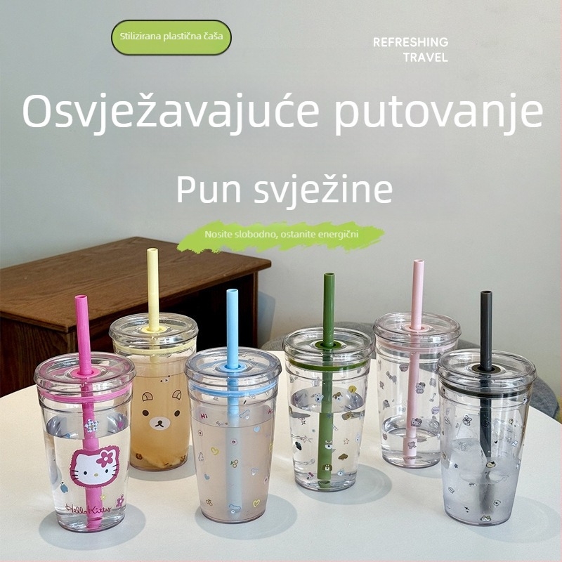 Prozirna čaša sa slamkom i logom, minimalistička plastična čaša za napitke – kava, čaj s mlijekom i uredska uporaba
