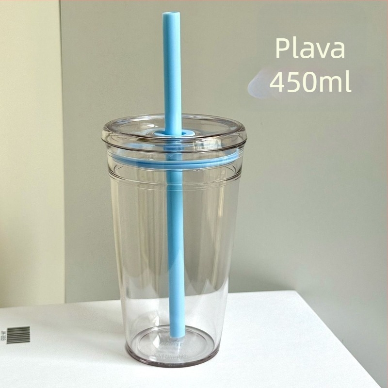 Prozirna čaša sa slamkom i logom, minimalistička plastična čaša za napitke – kava, čaj s mlijekom i uredska uporaba